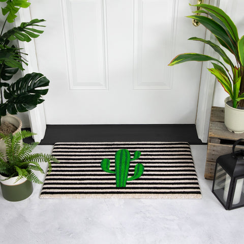 Green Cactus Striped Natural Coir Outdoor Doormat 18" X 30"