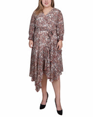 Plus Size 3/4 Sleeve Belted Chiffon Hankerchief Hem Dress