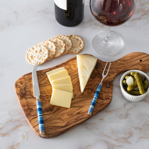 Jubilee Cheese Knife, Fork, and Olive Wood Board Set - Shades of Denim