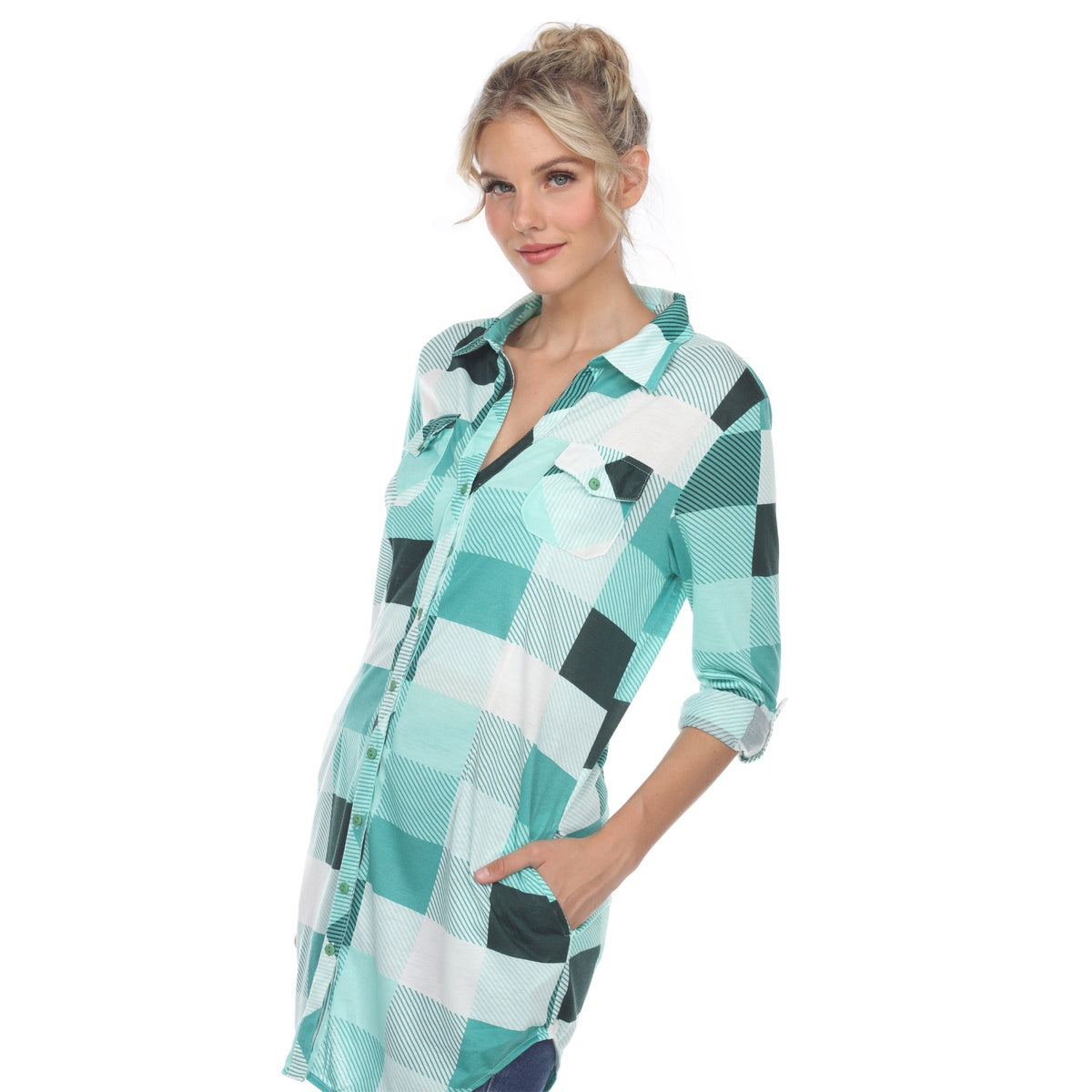  White Mark Women's Plaid Button Down Tunic Top - S - Bonton