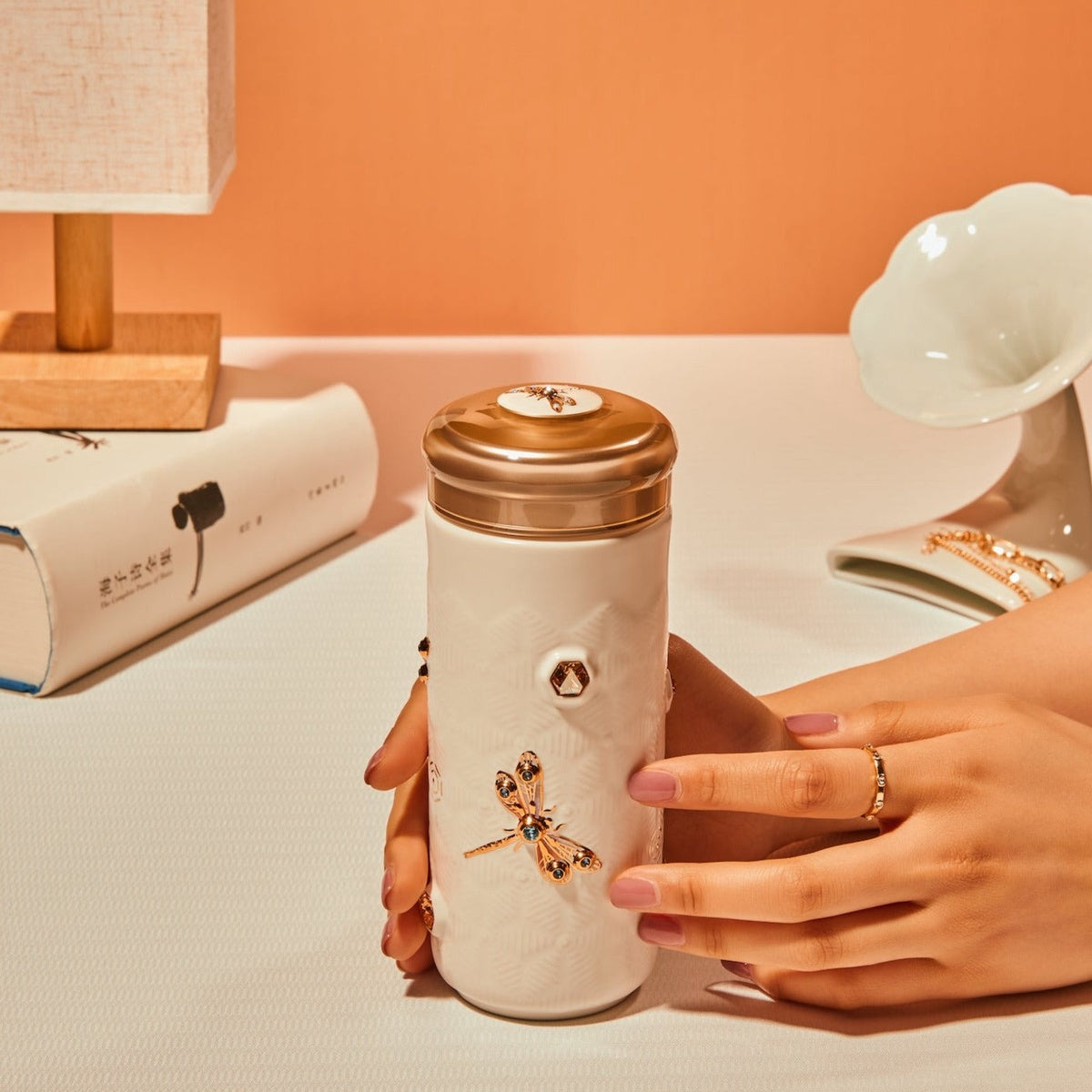  Acera Dragonfly Serenity Travel Mug With Crystals - White and Hand Painted Gold with Crystals - Bonton