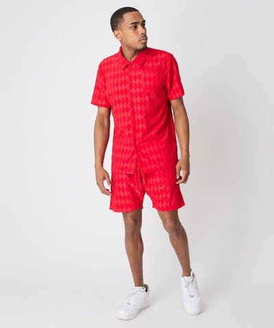 Diamond Plate Towel Color Blocked Short Sleeve Button Down Shirt - Red
