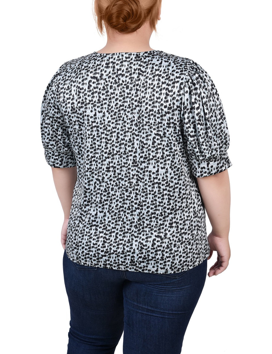  NY Collection Plus Size Short Sleeve Balloon Sleeve Top With Hardware - Black Taupe Zebra - Bonton