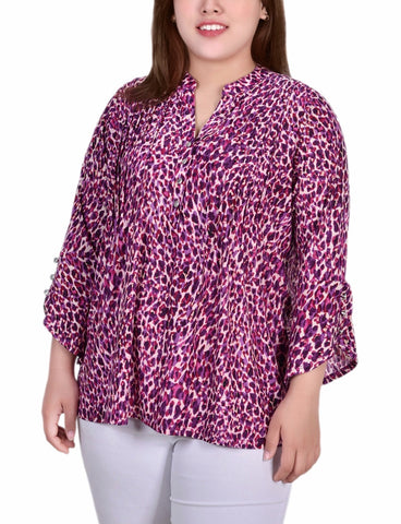 Plus Size 3/4 Sleeve Overlapped Bell Sleeve Y Neck Top