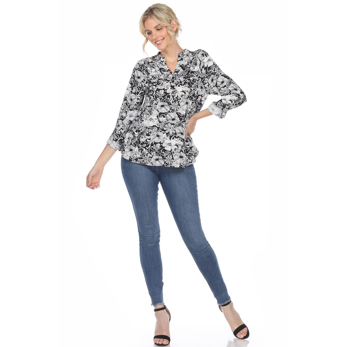  White Mark Women's Pleated Long Sleeve Floral Print Blouse - S - Bonton