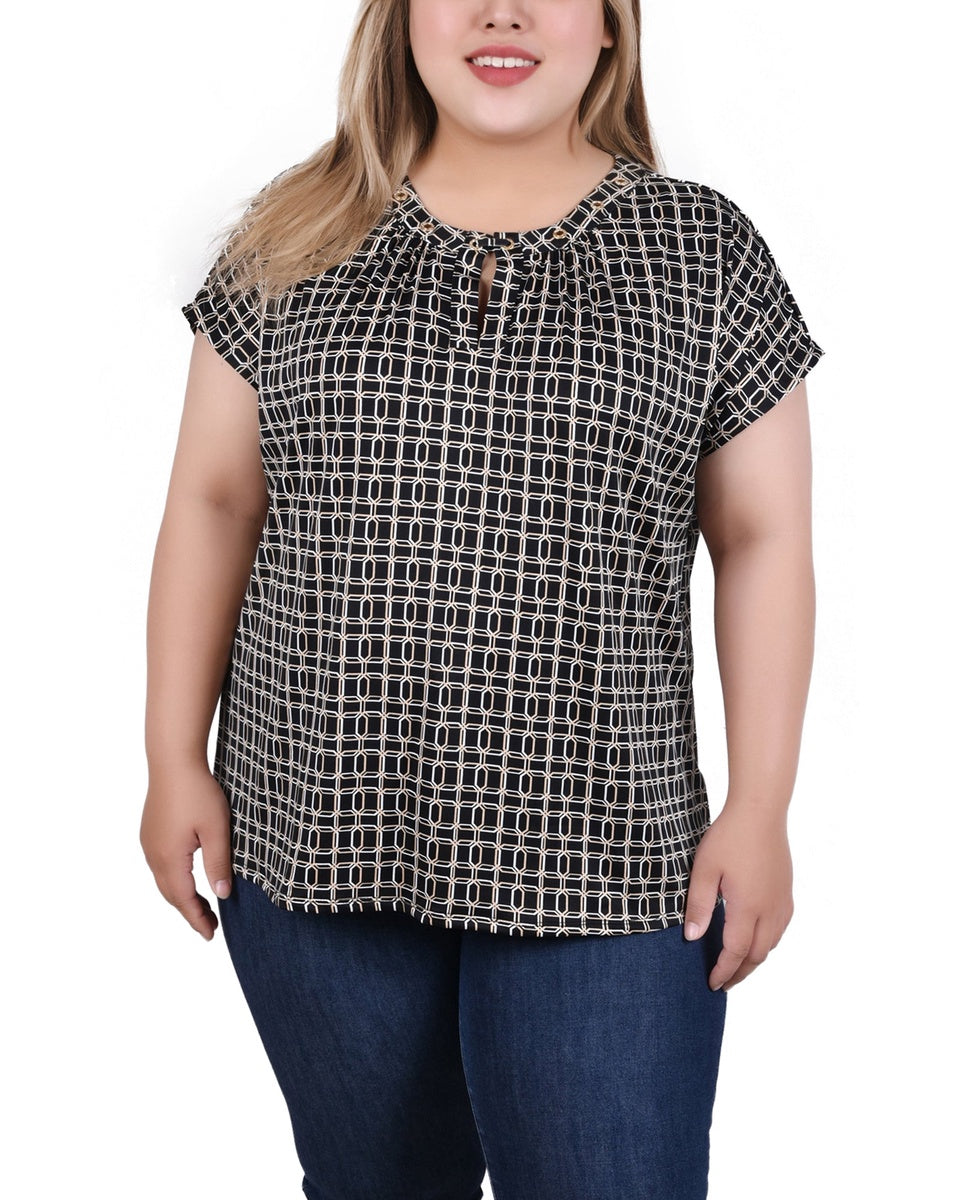  NY Collection Plus Size Extended Sleeve Top With Grommets - Black Blue Taupe Abstract - Bonton