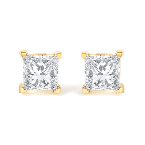 IGI Certified 14k Yellow Gold 1/2 Cttw 4-Prong Set Princess-Cut Solitaire Diamond Push Back Stud Earrings (L-M Color, I1-I2 Clarity)