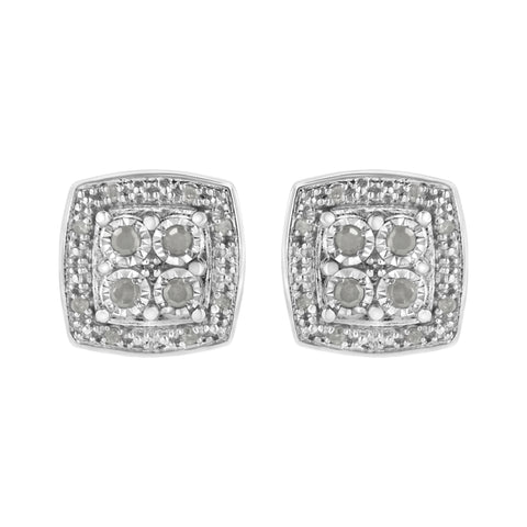.925 Sterling Silver 1/4 Cttw Round Cut Diamond Square Shape Milgrain Stud Earrings (I-J Color, I3 Clarity)