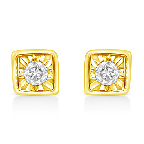 10K Yellow Gold Plated .925 Sterling Silver 1/10 Cttw Miracle-Set Diamond Square Stud Earrings (K-L Color, I2-I3 Clarity)