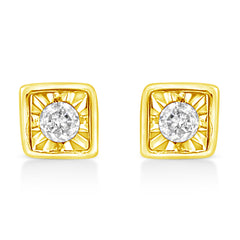 10K Yellow Gold Plated .925 Sterling Silver 1/10 Cttw Miracle-Set Diamond Square Stud Earrings (K-L Color, I2-I3 Clarity)