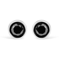 14K White Gold 4.00 Cttw Round Brilliant-Cut Black Diamond Bezel-Set Stud Earrings With Screw Backs (Fancy Color-Enhanced, I2-I3 Clarity)