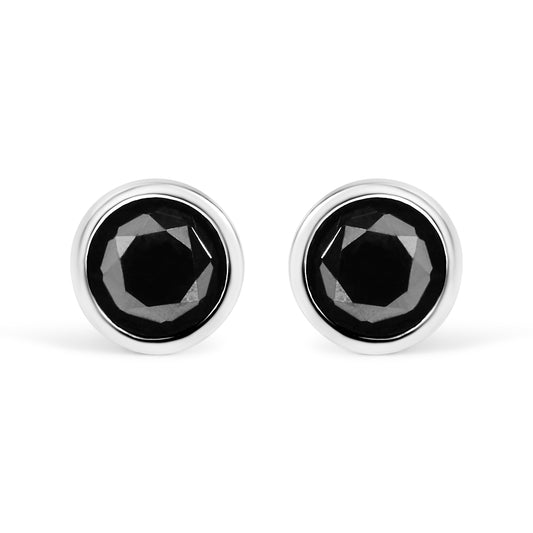 .925 Sterling Silver 1.00 Cttw Round Brilliant-Cut Black Diamond Bezel-Set Stud Earrings With Screw Backs (Fancy Color-Enhanced, I2-I3 Clarity)