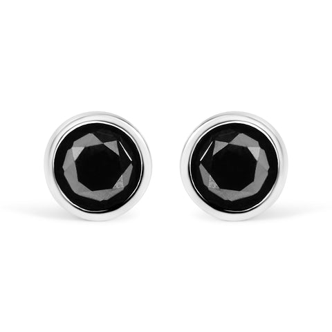 .925 Sterling Silver 1.00 Cttw Round Brilliant-Cut Black Diamond Bezel-Set Stud Earrings With Screw Backs (Fancy Color-Enhanced, I2-I3 Clarity)