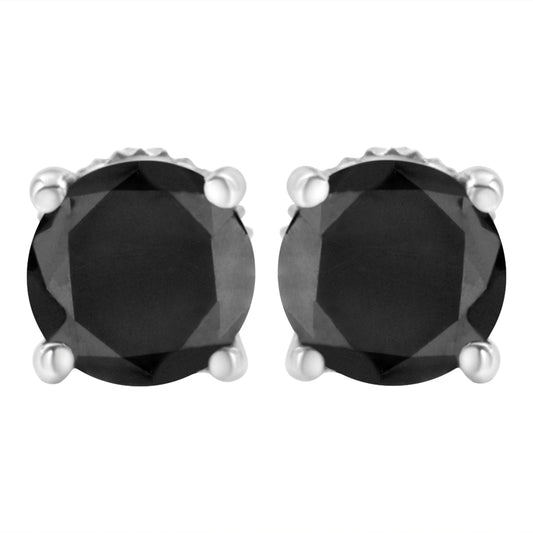 14K White Gold 3.00 Cttw Round Brilliant-Cut Black Diamond Classic 4-Prong Stud Earrings With Screw Backs (Fancy Color-Enhanced, I2-I3 Clarity)