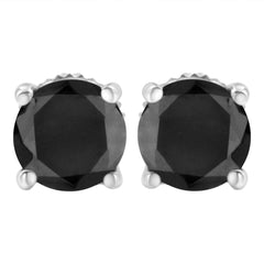 14K White Gold 3.00 Cttw Round Brilliant-Cut Black Diamond Classic 4-Prong Stud Earrings With Screw Backs (Fancy Color-Enhanced, I2-I3 Clarity)