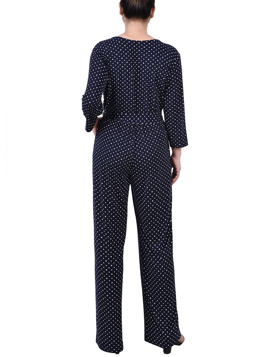  NY Collection Petite 3/4 Sleeve Belted Jumpsuit - Black - Bonton