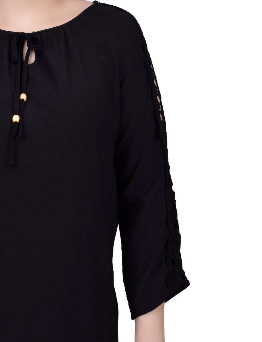  NY Collection 3/4 Sleeve Crochet Detail Blouse - Blue - Bonton