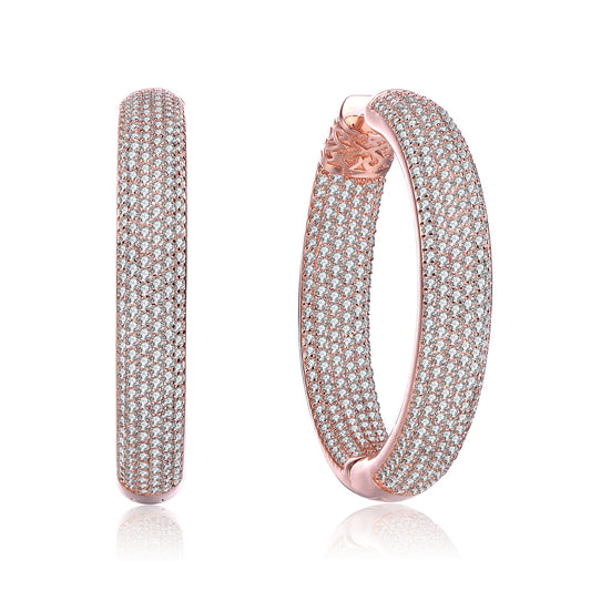 Clear Cubic Zirconia 10-Row French Pave Inside Out Large Tubular Hoop Earrings