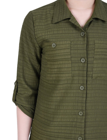 Petite 3/4 Sleeve Woven Jacquard Blouse