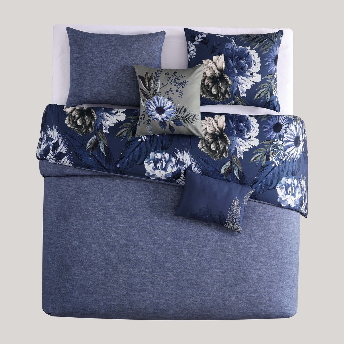  Bebejan Delphine Blue 100% Cotton 5-Piece Reversible Comforter Set - QUEEN - Bonton