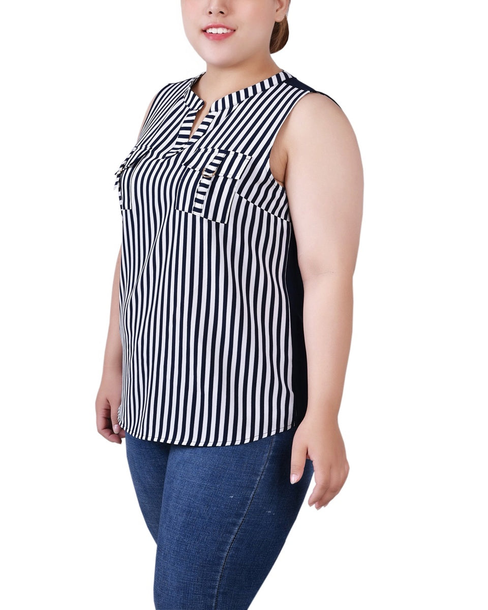  NY Collection Plus Size Sleeveless Y Neck Combo Blouse - Navy White - Bonton