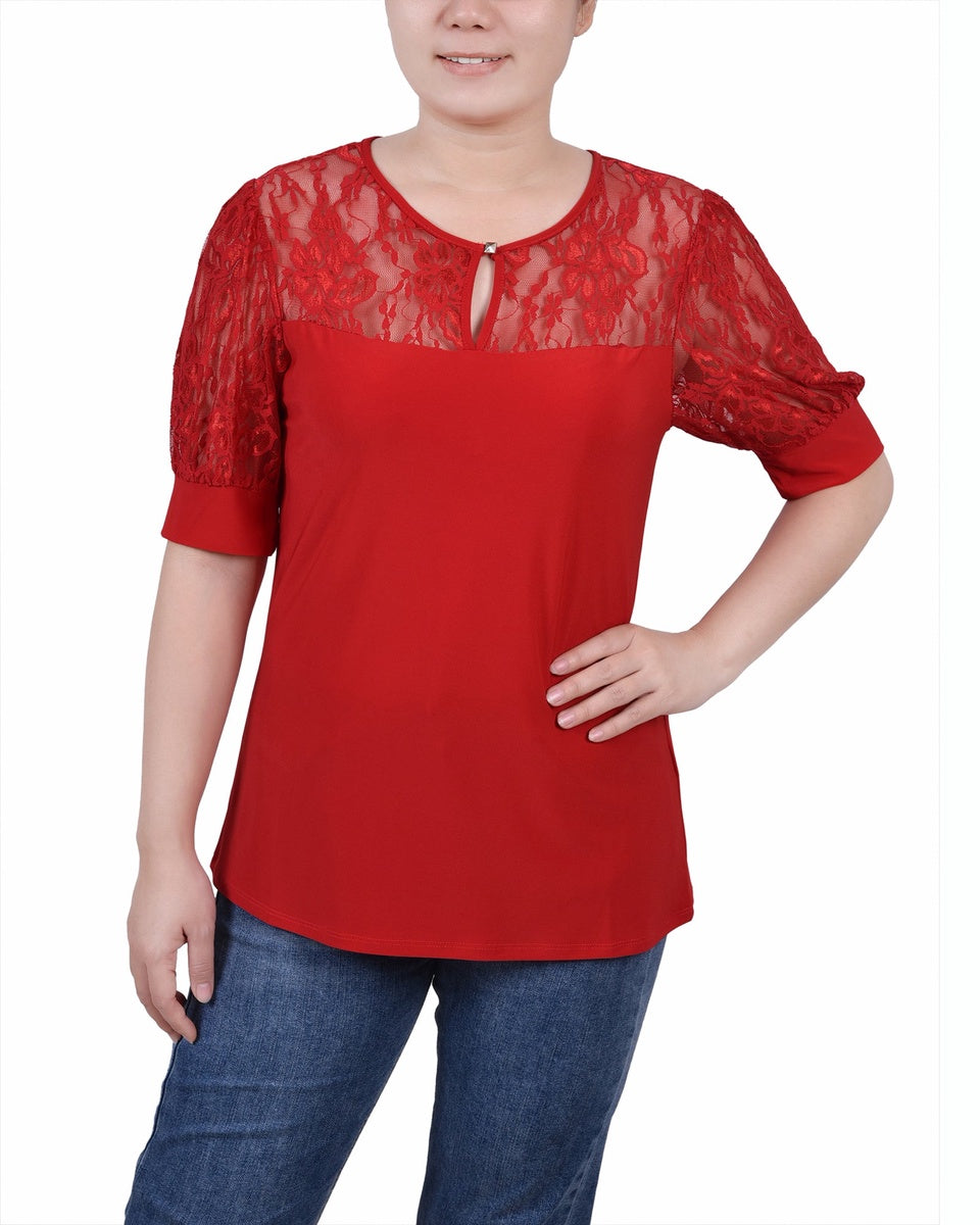  NY Collection Petite Short Puff Sleeve Top With Lace Sleeves and Yoke - Black - Bonton