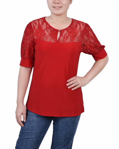 Petite Short Puff Sleeve Top With Lace Sleeves and Yoke