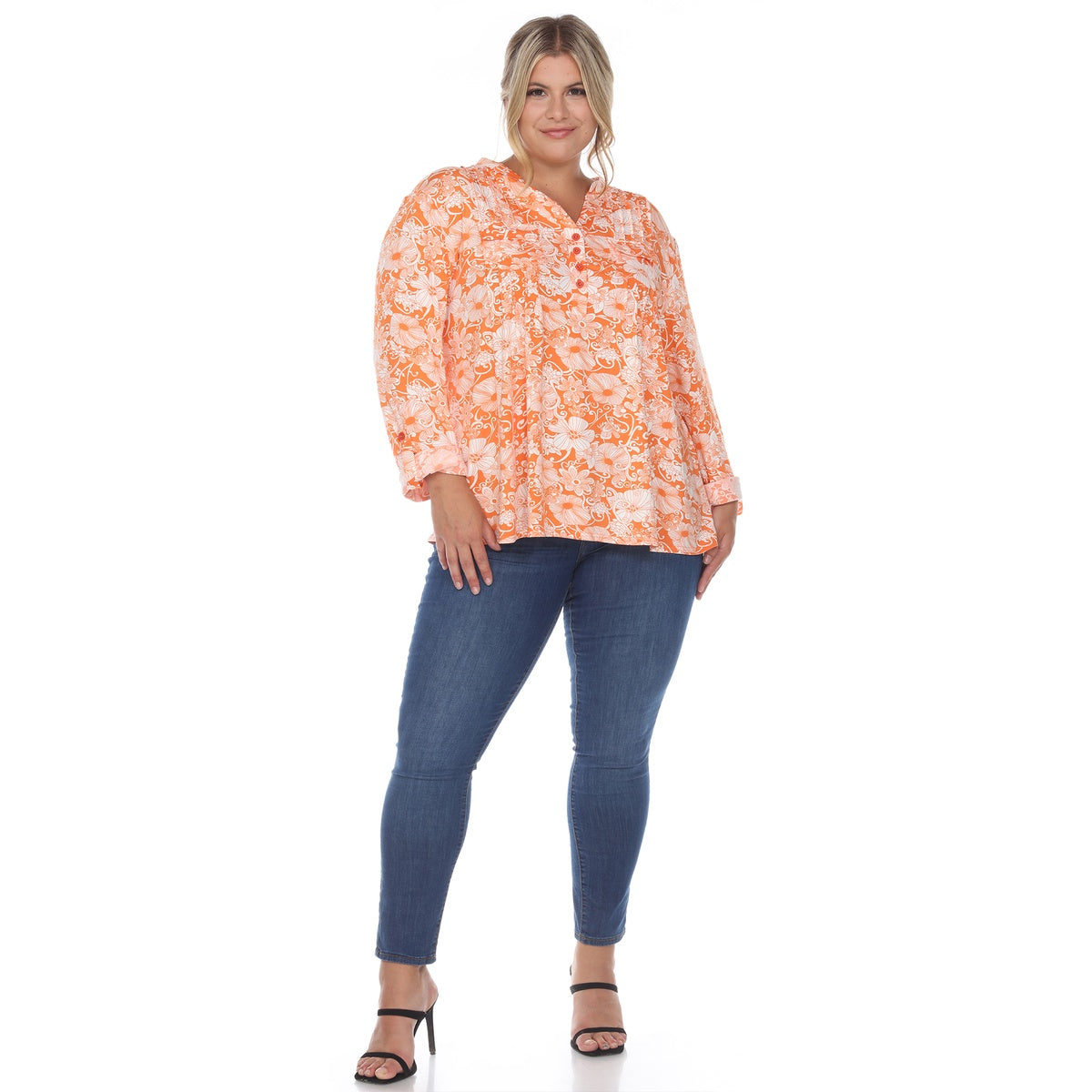  White Mark Plus Size Pleated Long Sleeve Floral Print Blouse - 1X - Bonton