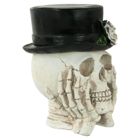 9" Skull With Top Hat and Roses Halloween Decoration