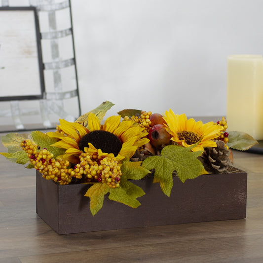 10" Yellow and Brown Sunflowers and Leaves Fall Harvest Floral Arrangement