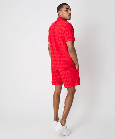 Diamond Plate Towel Color Blocked Short Sleeve Button Down Shirt - Red
