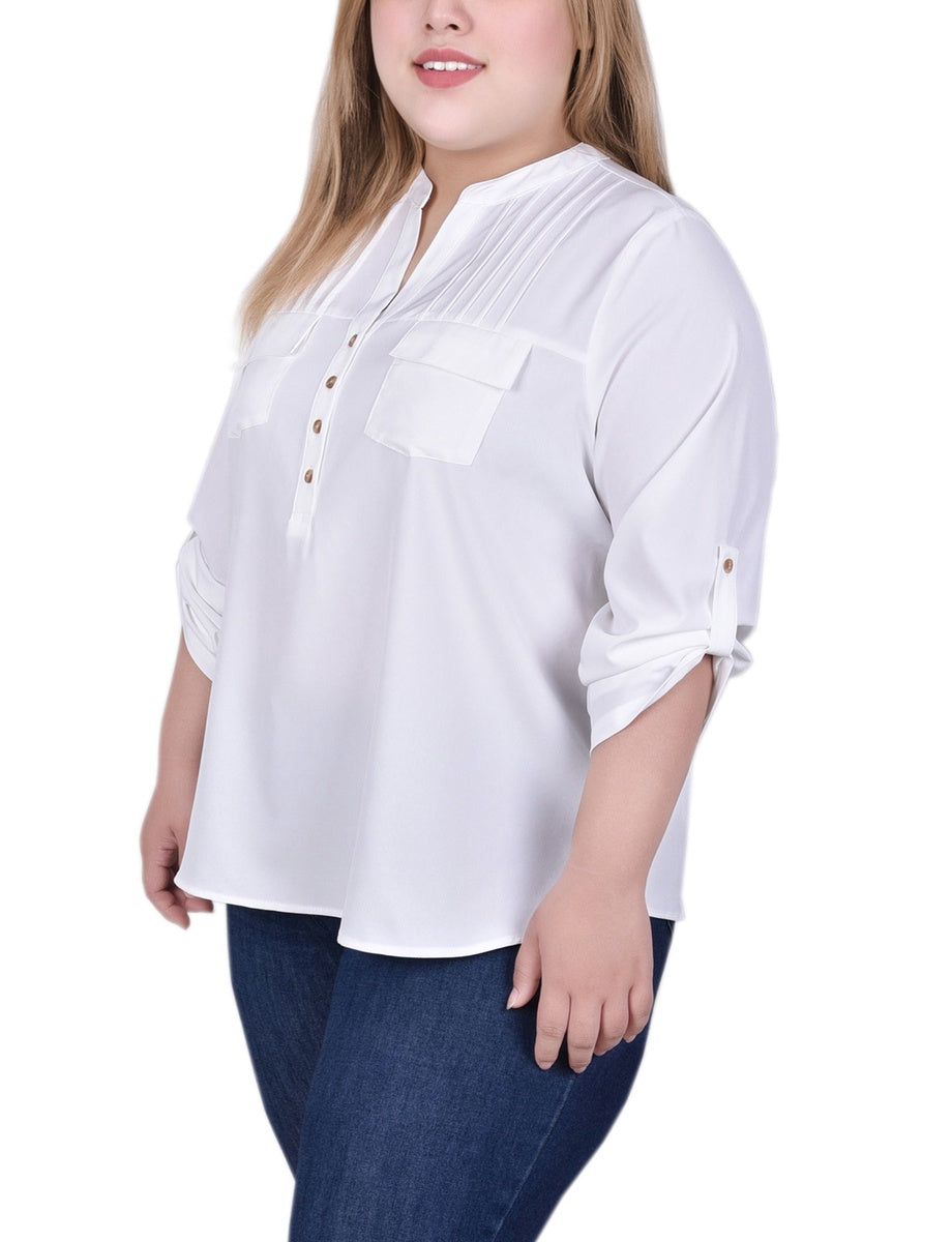  NY Collection Long Tab-Sleeve Blouse With Pockets - Golden Glow - Bonton