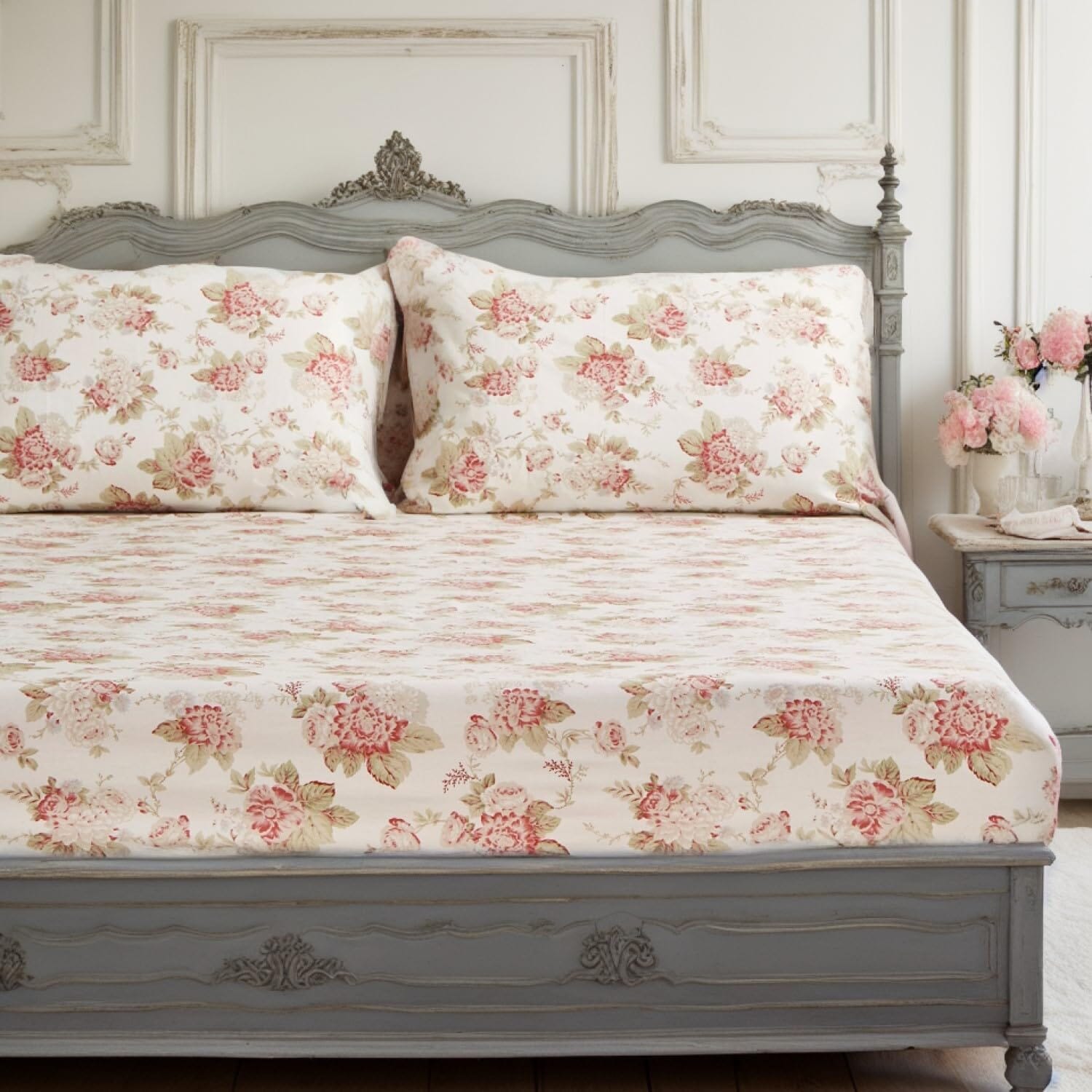  DaDa Bedding Collection DaDa Bedding Hint of Mint Dainty Cottage Floral Roses Cotton Fitted Sheet w/ Pillow Case (3036) by DaDa Bedding Collection - Twin - Bonton