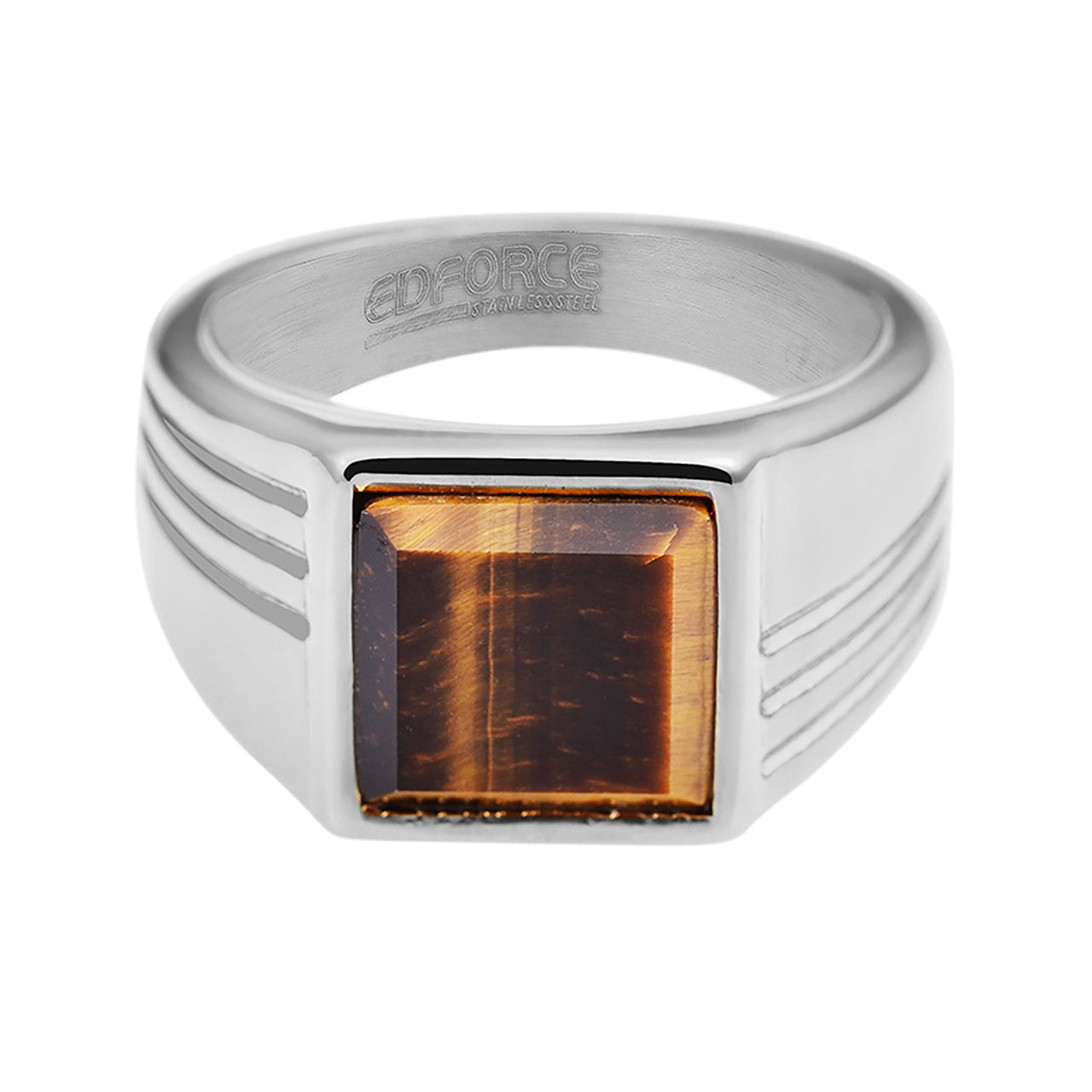  Gemesis Jewels by Edforce Tiger Eye Stone Square Signet Men's Ring - Silver - Bonton