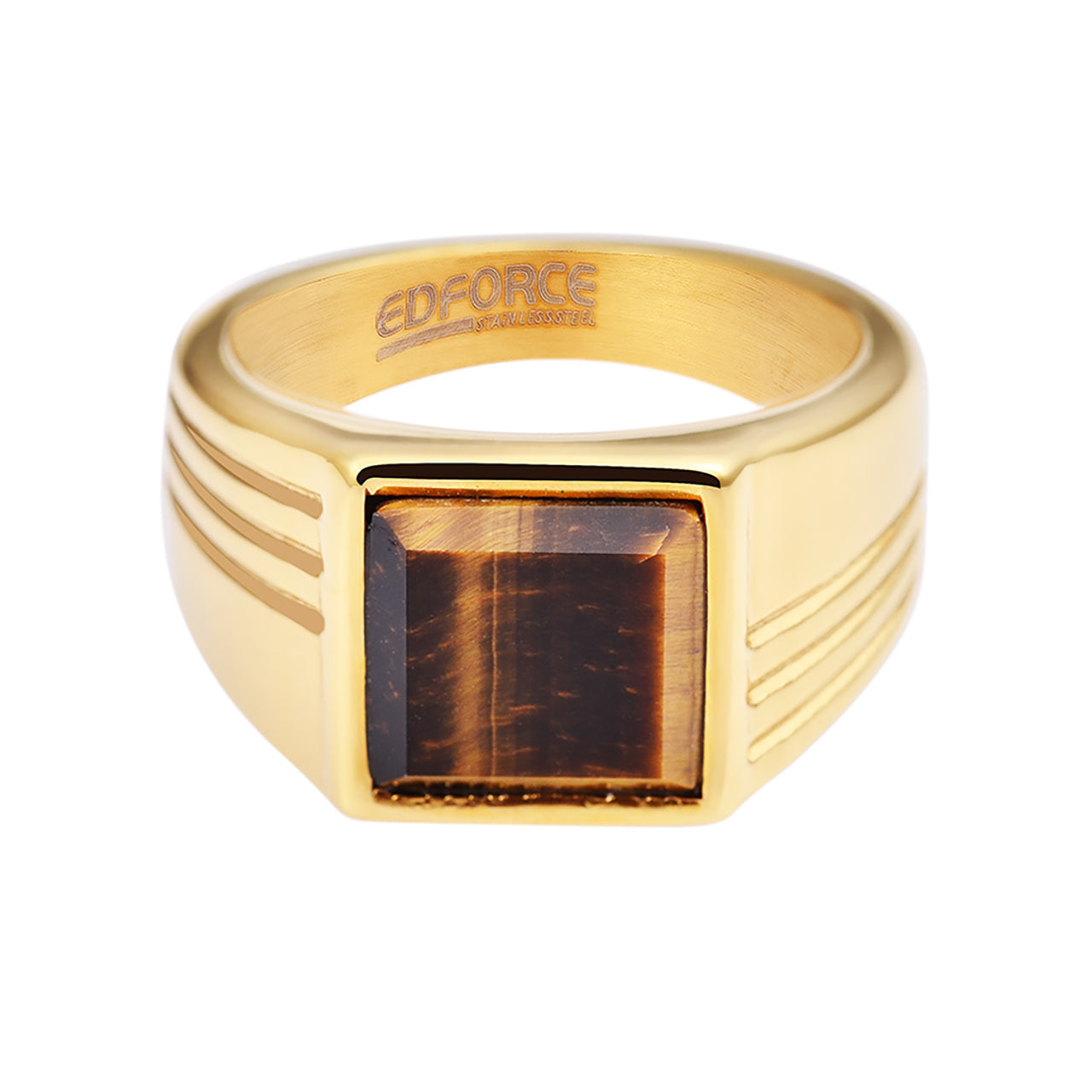  Gemesis Jewels by Edforce Tiger Eye Stone Square Signet Men's Ring - Silver - Bonton