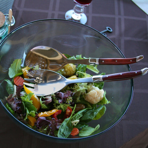 Clear Recycled Glass Urban Salad Bowl and Laguiole Servers With Rosewood Handles