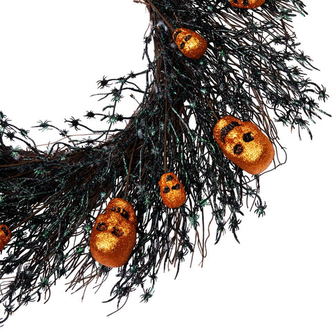 Black and Orange Skulls and Spiders Halloween Twig Wreath  22-Inch  Unlit
