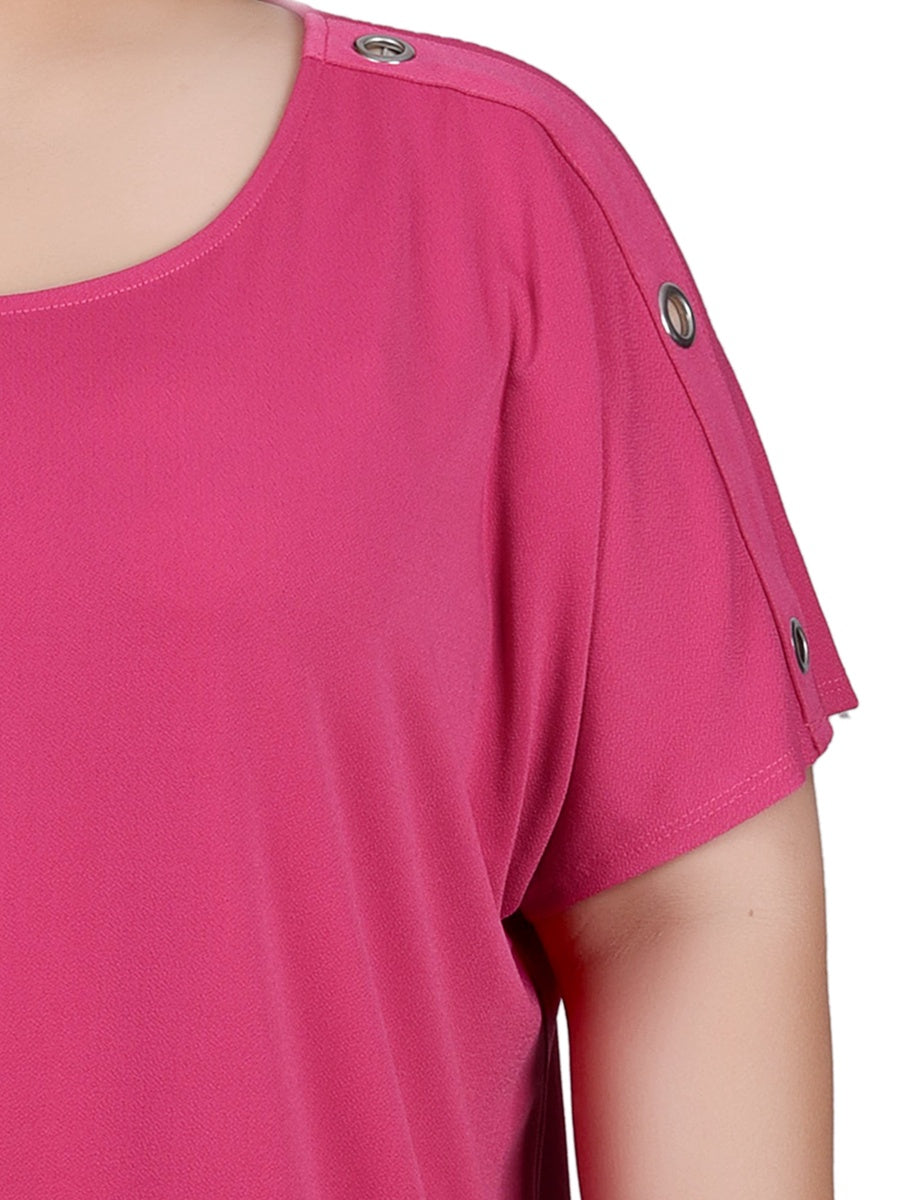  NY Collection Plus Size Short Sleeve Extended Sleeve Tunic Top - Magenta Pyramid - Bonton