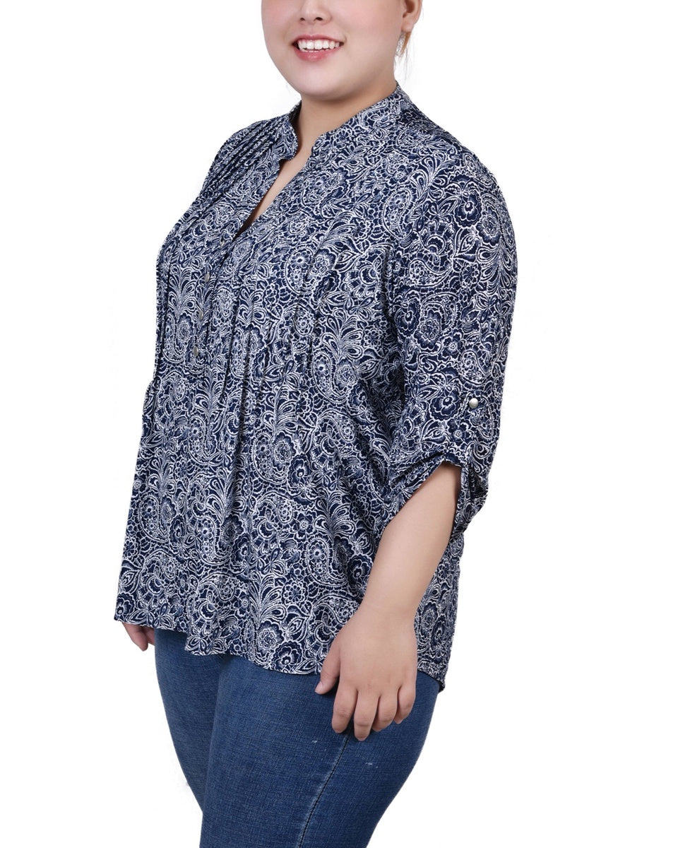  NY Collection Plus Size 3/4 Roll Tab Sleeve Y Neck Top - Grey Floral - Bonton