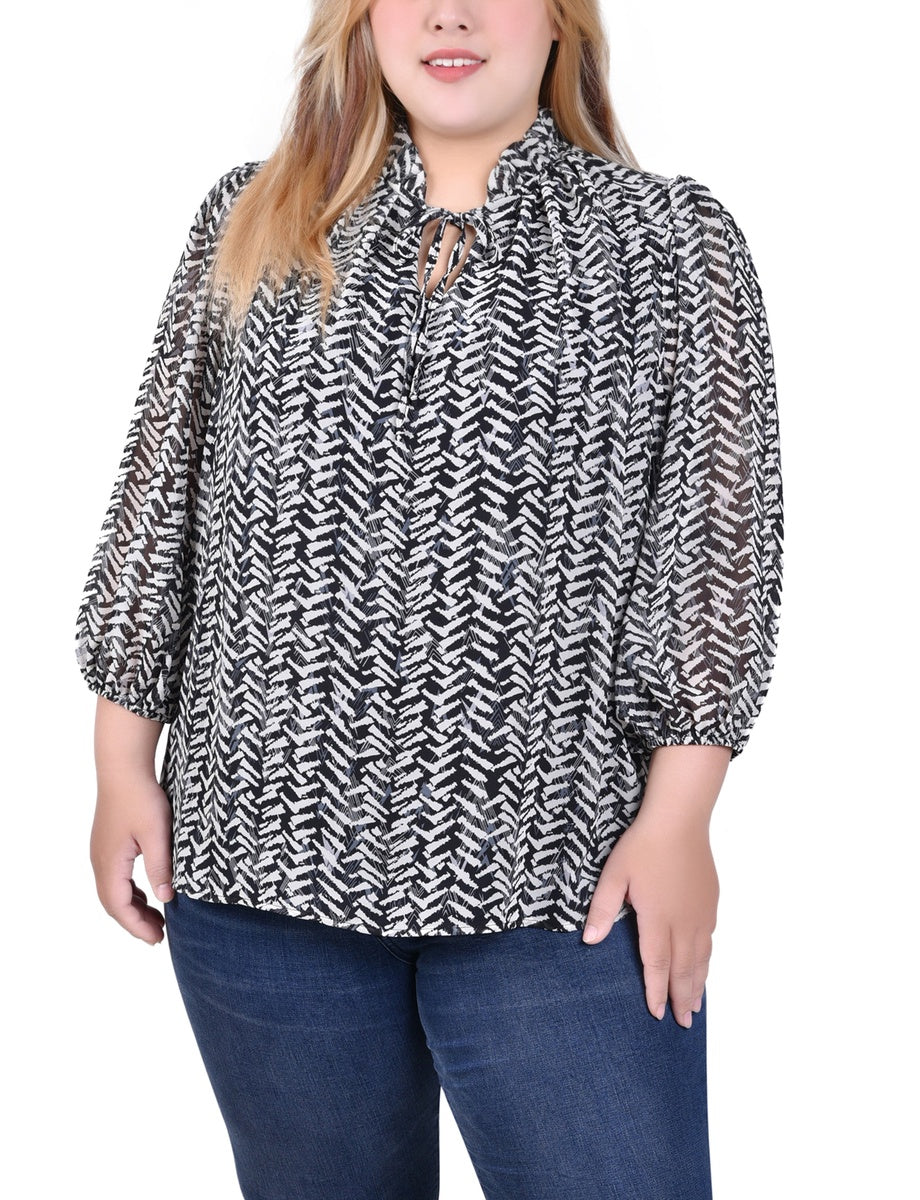  NY Collection Plus Size 3/4 Sleeve Chiffon Blouse - Black Lace Floral - Bonton