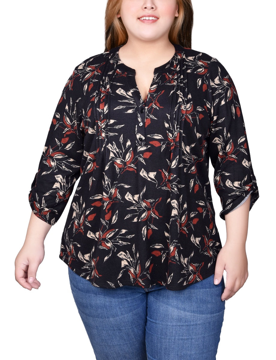  NY Collection Plus Size 3/4 Roll Sleeve Top - Black Grey Animal - Bonton