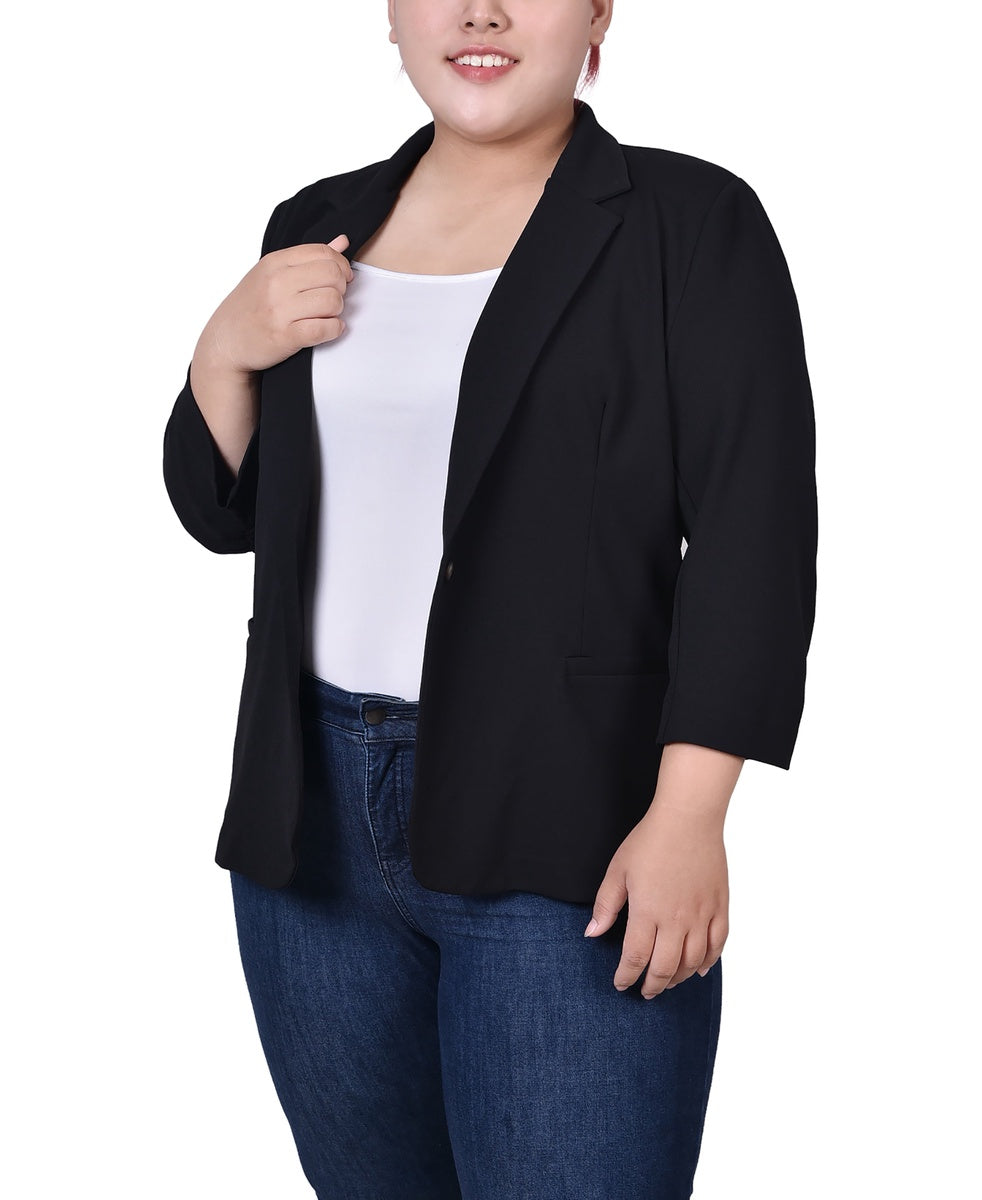  NY Collection Plus Size 3/4 Sleeve Scuba Crepe Jacket - Black - Bonton