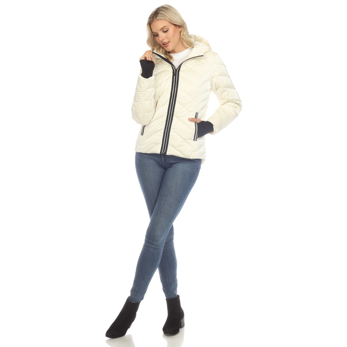  White Mark Women's Midweight Quilted Contrast With Thumbholes Hooded Jacket - Small - Bonton