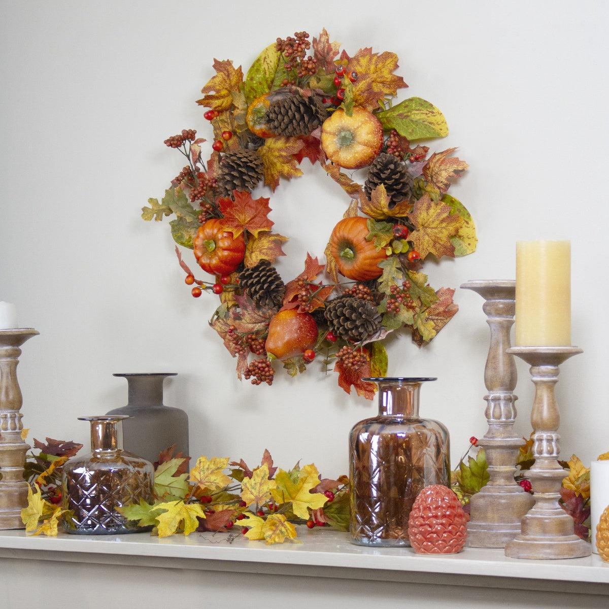  Northlight Orange Pumpkins  Pine Cones and Berries Fall Harvest Wreath - 24 Inch  Unlit - Default Title - Bonton