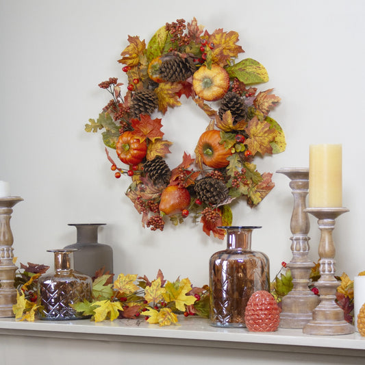 Orange Pumpkins  Pine Cones and Berries Fall Harvest Wreath - 24 Inch  Unlit