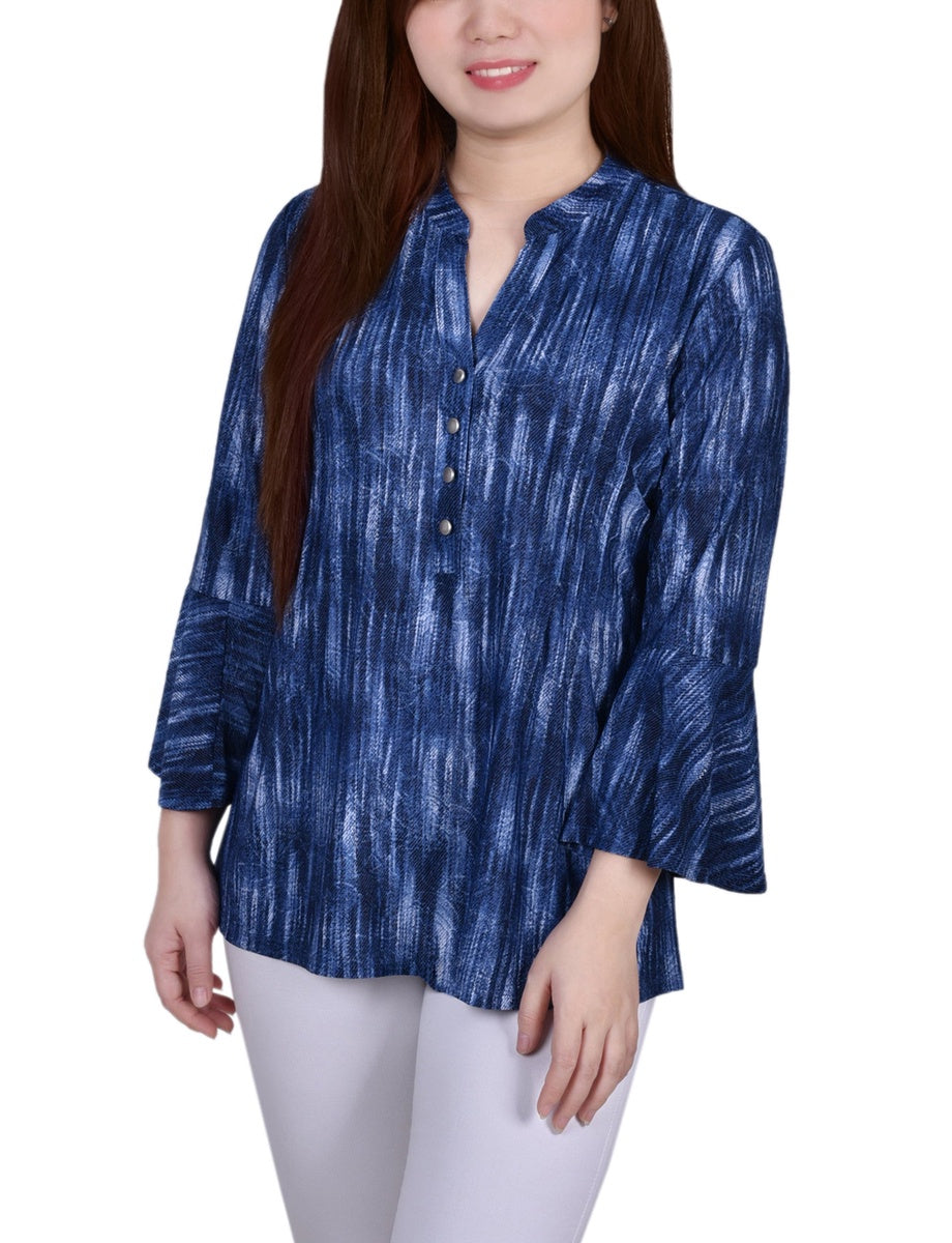  NY Collection 3/4 Bell Sleeve Pleat Front Y Neck Top - Mauve Tie Dye - Bonton
