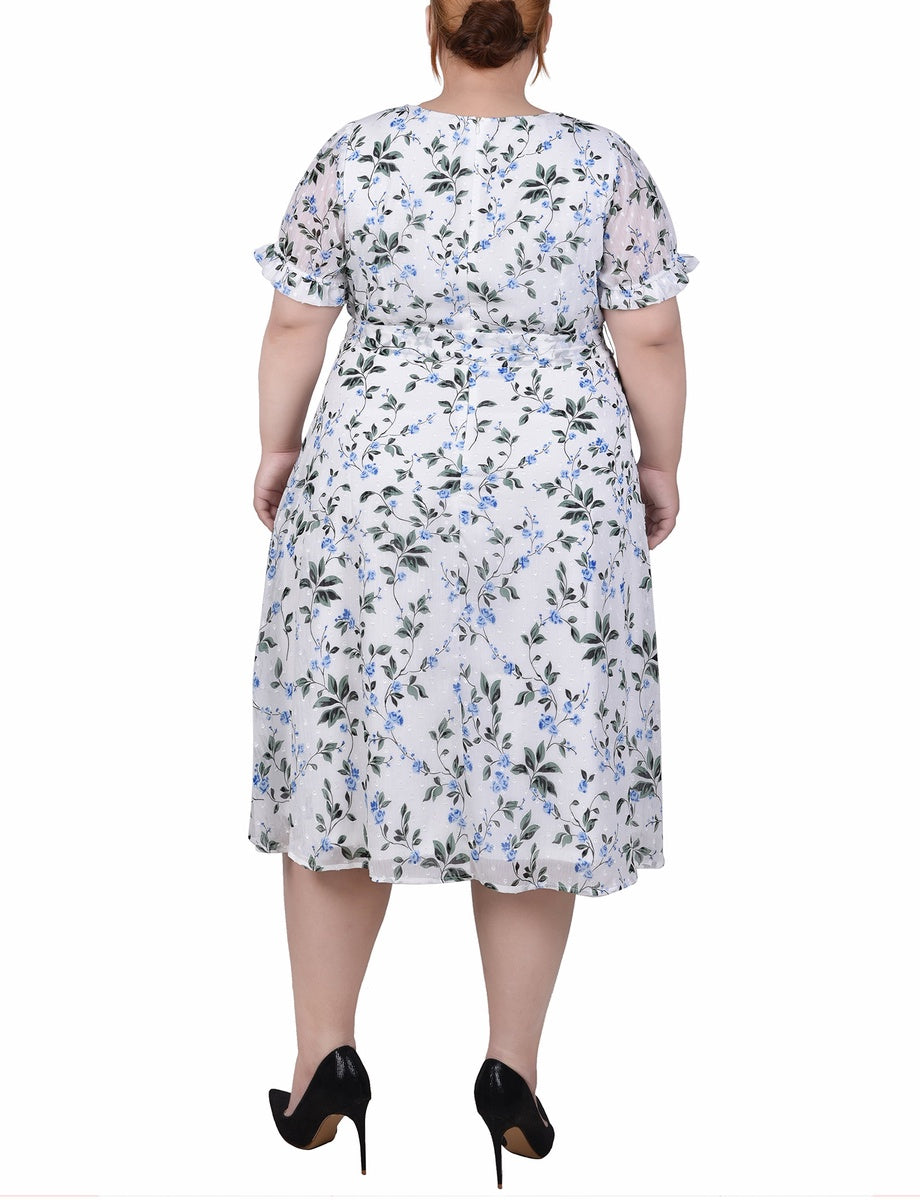  NY Collection Plus Size Short Sleeve Belted Swiss Dot Dress - Mellow Rose Rectangle - Bonton