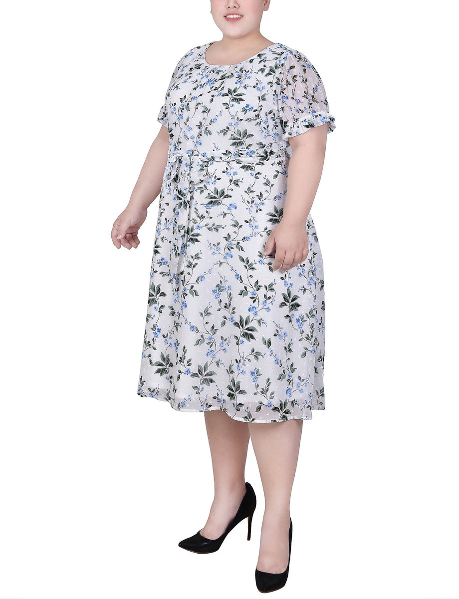  NY Collection Plus Size Short Sleeve Belted Swiss Dot Dress - Mellow Rose Rectangle - Bonton