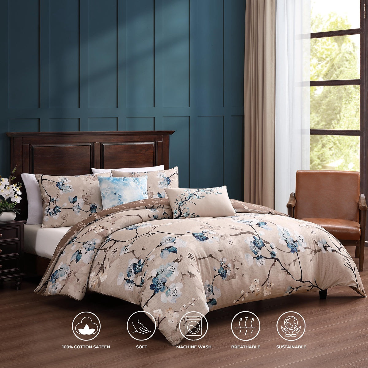  Bebejan Bebejan Blue Blossom 5 Piece Reversible Comforter Set - QUEEN - Bonton