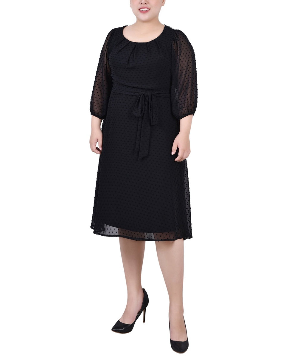  NY Collection Plus Size 3/4 Sleeve Clip Dot Dress - Black - Bonton